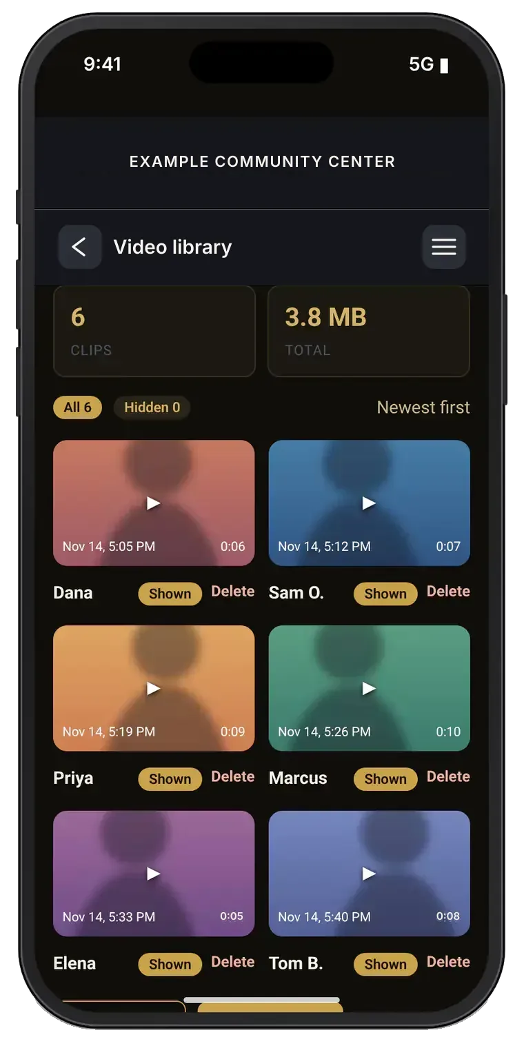 Example Community Center host video library on a phone